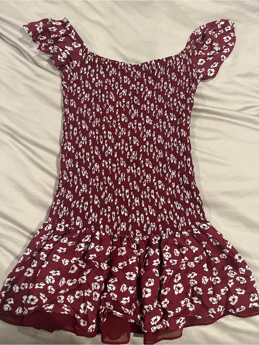 Zara Burgundy Floral Smocked Mini Dress Drop Waist Off the Shoulder